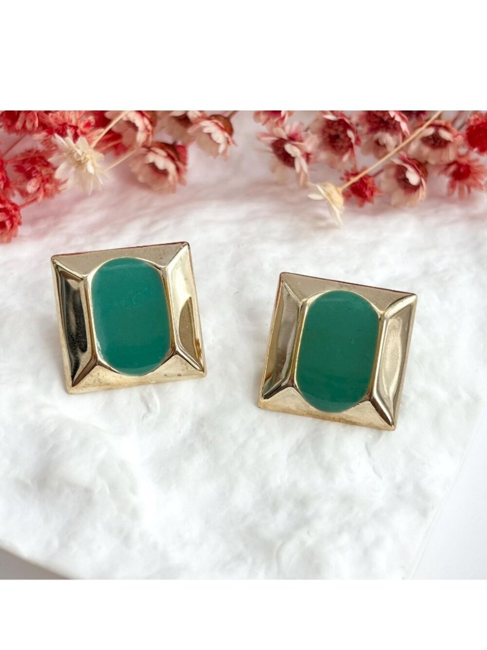80's Green Enamel Gold Toned Square Jumbo Vintage Stud Earrings